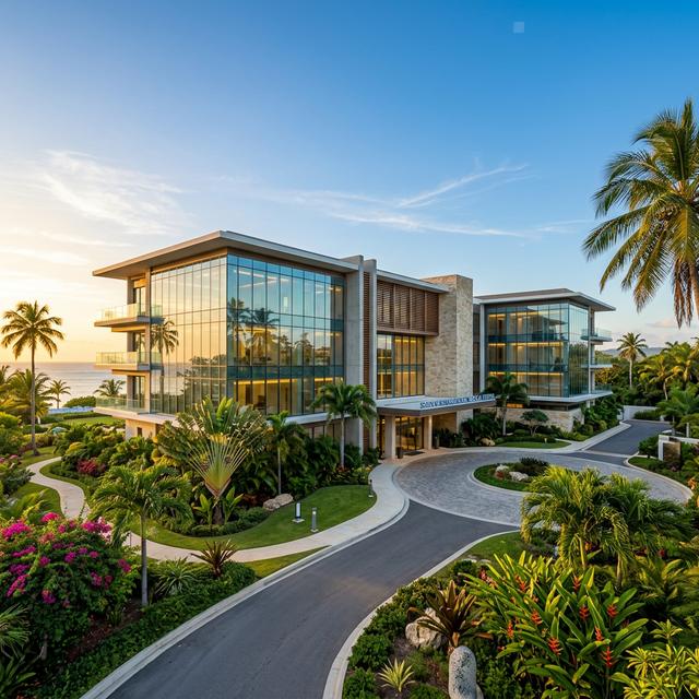 A stunning modern hospital building with glass facade surrounded by lush tropical gardens, palm trees, clear blue sky, luxury medical facility in a tropical destination, warm golden sunlight, architectural photography style